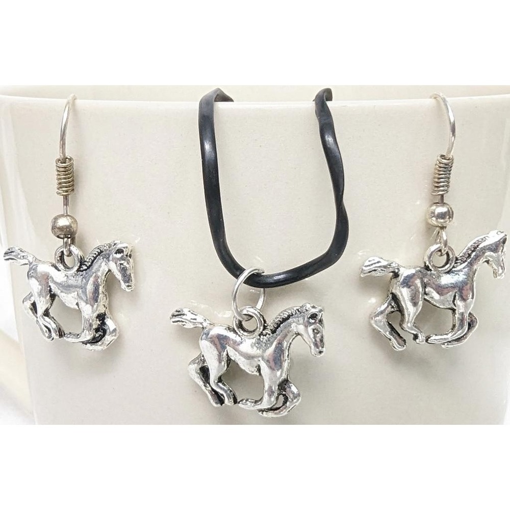 New Horse Running Pendant Earrings Set SilverTone Equine Western Silver Tone